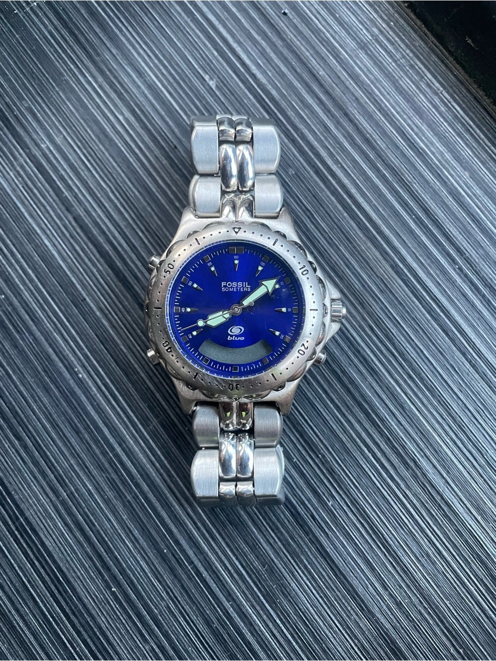 Vintage Fossil Blue Stainless Steel Watch Blue Dial Men’s Quartz Wristwatch